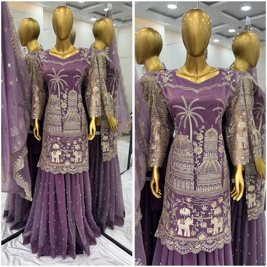 Embellished Lavender Color Twill Net With Heavy Embroidery Sequence Work Designer Palazzo Suit