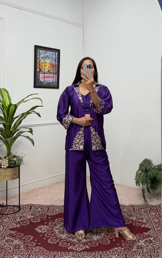 Bollywood Style Royal Blue Color Chinon With Embroidery Work Indo-Western Koti With Palazzo Set