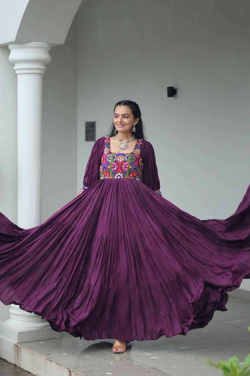 Garba Night Wear Wine Color Kutchi Gamthi Embroidery Work Navratri Gown