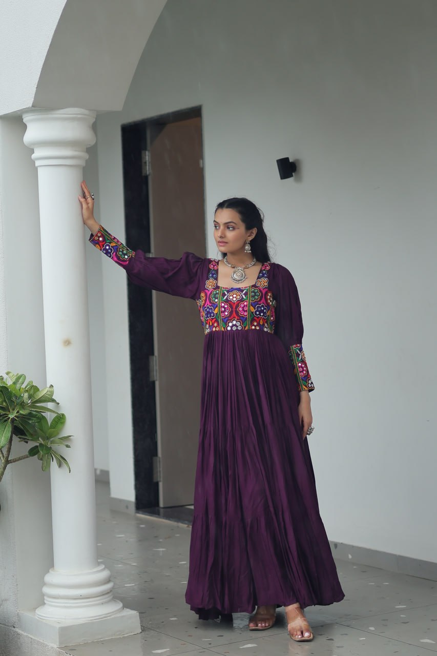 Garba Night Wear Wine Color Kutchi Gamthi Embroidery Work Navratri Gown