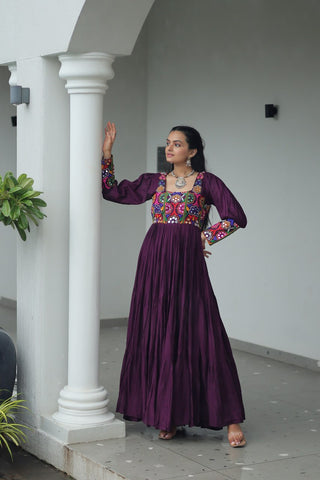 Garba Night Wear Wine Color Kutchi Gamthi Embroidery Work Navratri Gown