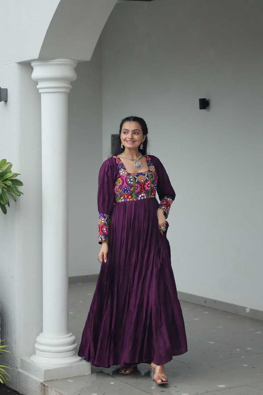 Garba Night Wear Wine Color Kutchi Gamthi Embroidery Work Navratri Gown