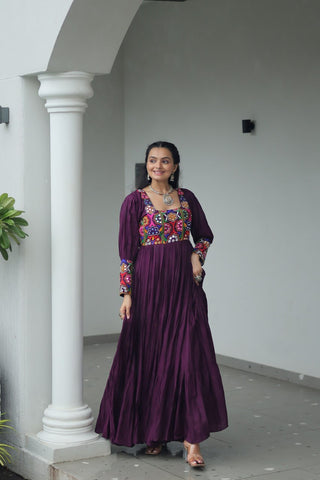 Garba Night Wear Wine Color Kutchi Gamthi Embroidery Work Navratri Gown