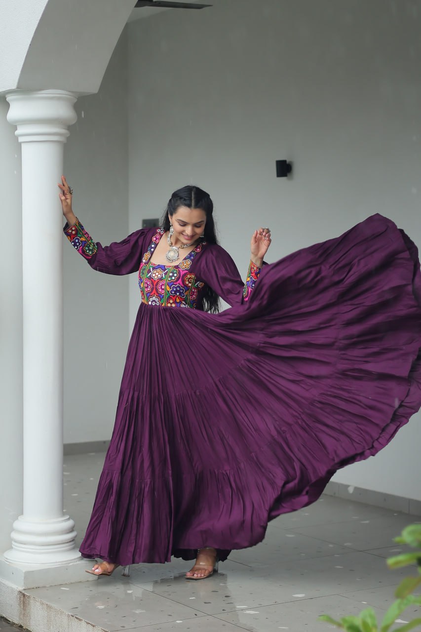 Garba Night Wear Wine Color Kutchi Gamthi Embroidery Work Navratri Gown