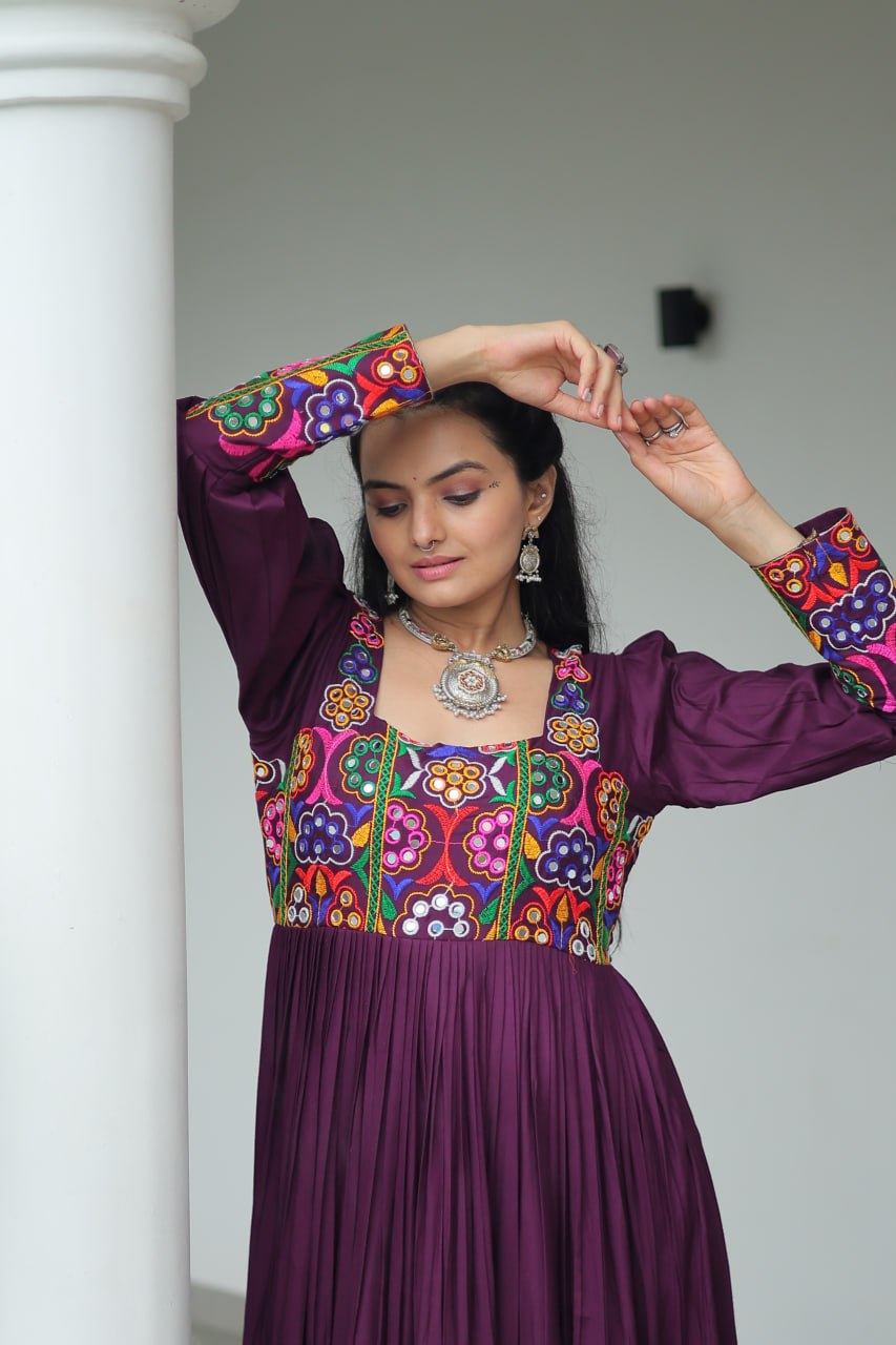 Garba Night Wear Wine Color Kutchi Gamthi Embroidery Work Navratri Gown