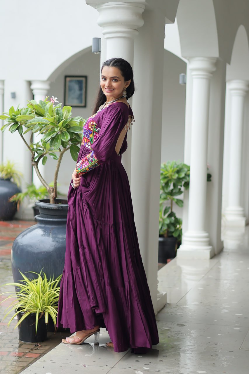 Garba Night Wear Wine Color Kutchi Gamthi Embroidery Work Navratri Gown