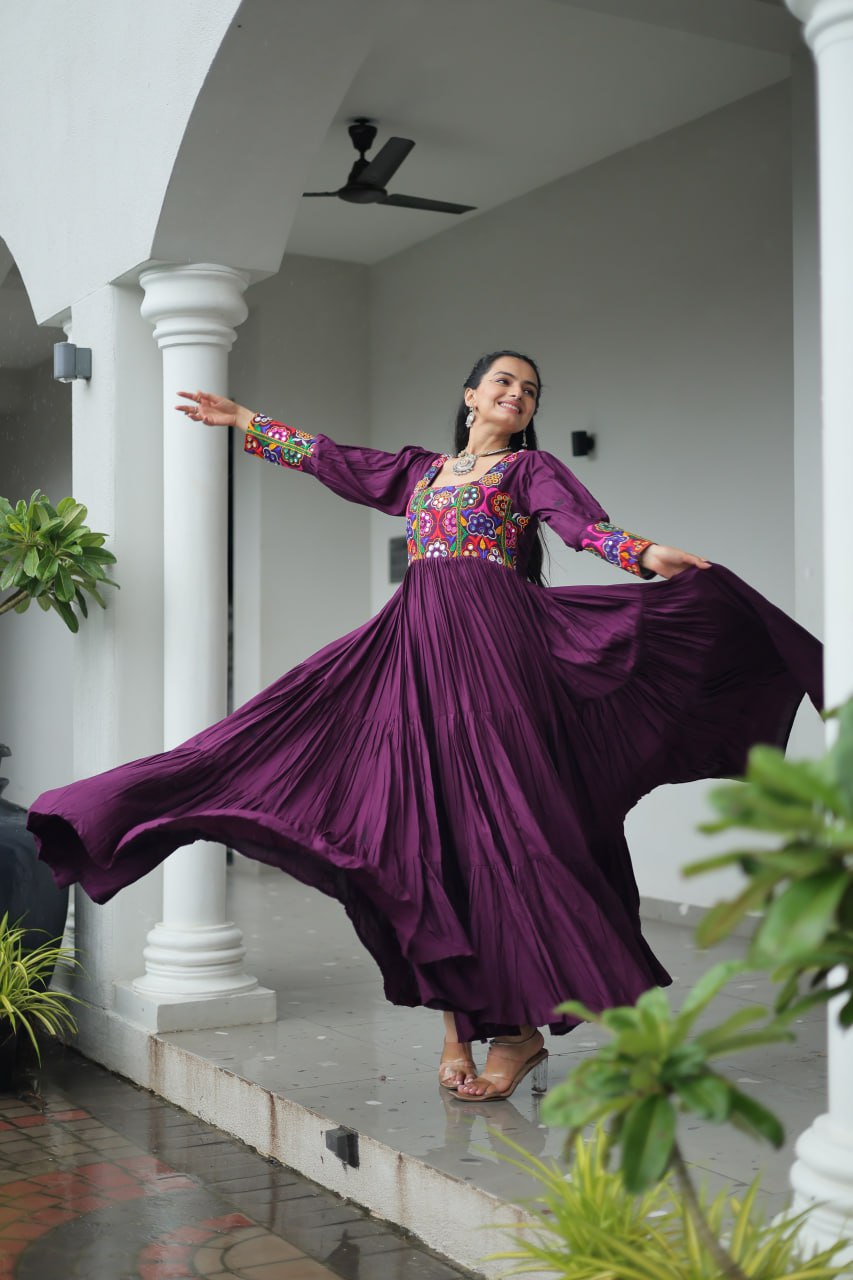 Garba Night Wear Wine Color Kutchi Gamthi Embroidery Work Navratri Gown