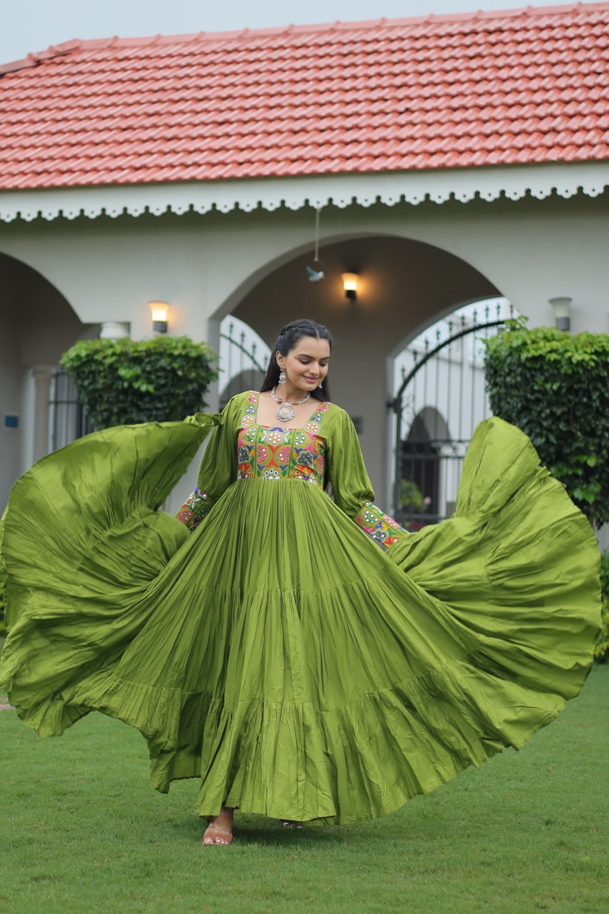 Garba Night Wear Green Color Kutchi Gamthi Embroidery Work Navratri Gown