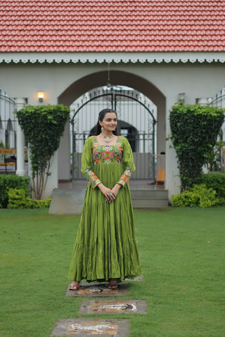 Garba Night Wear Green Color Kutchi Gamthi Embroidery Work Navratri Gown