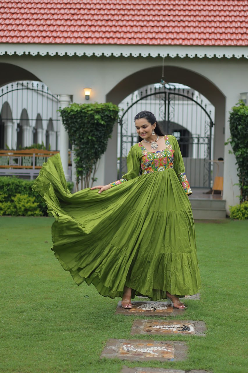 Garba Night Wear Green Color Kutchi Gamthi Embroidery Work Navratri Gown