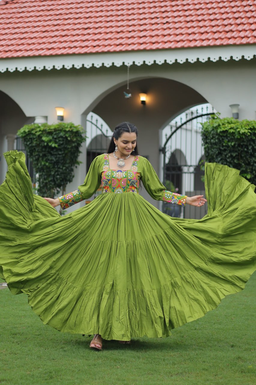 Garba Night Wear Green Color Kutchi Gamthi Embroidery Work Navratri Gown