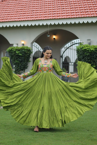 Garba Night Wear Green Color Kutchi Gamthi Embroidery Work Navratri Gown