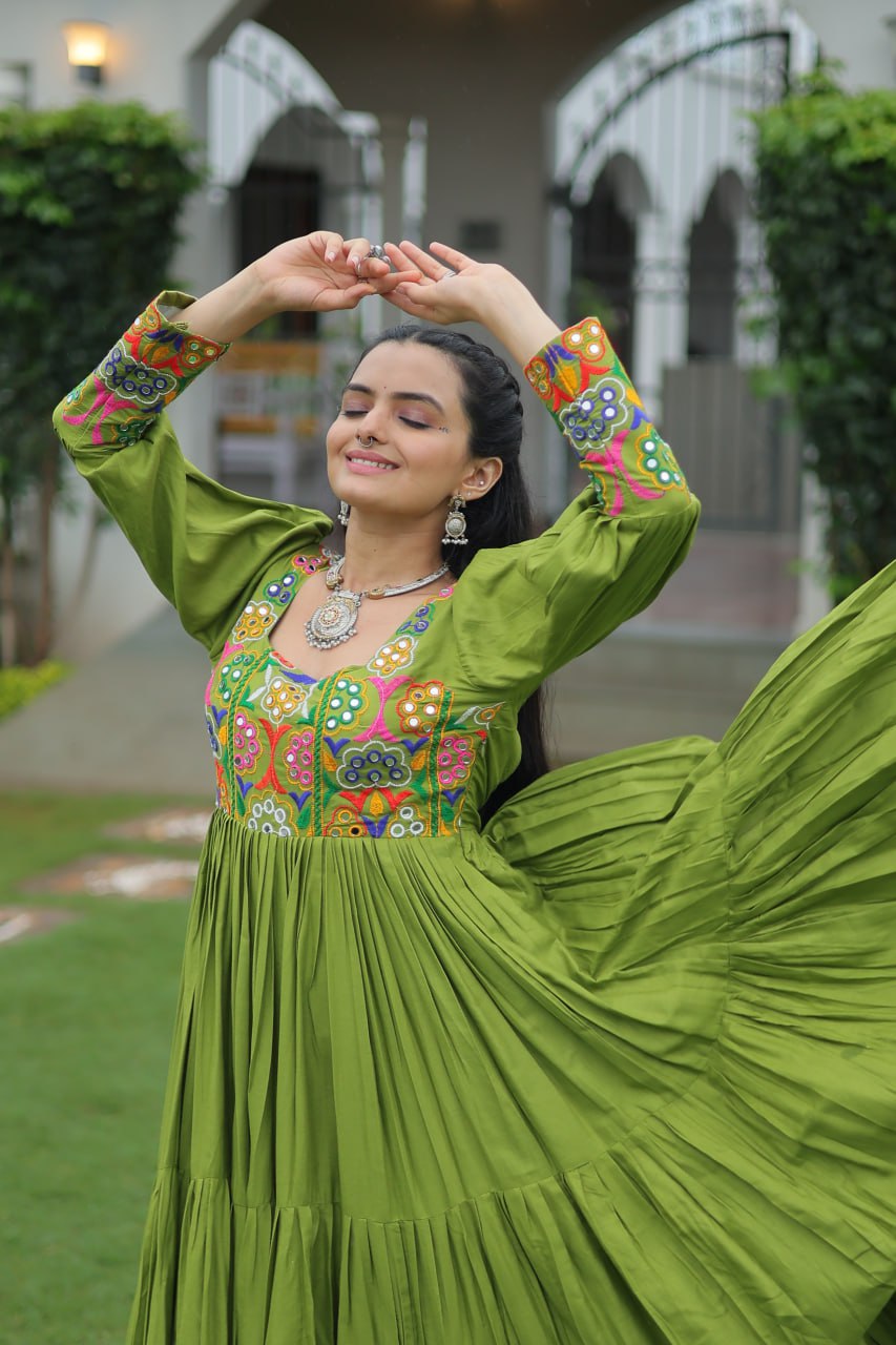 Garba Night Wear Green Color Kutchi Gamthi Embroidery Work Navratri Gown