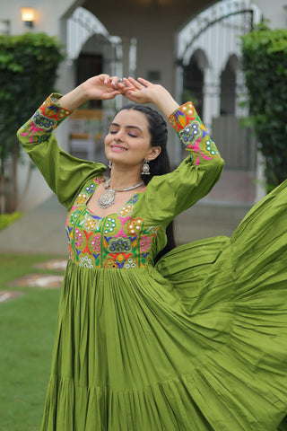 Garba Night Wear Green Color Kutchi Gamthi Embroidery Work Navratri Gown