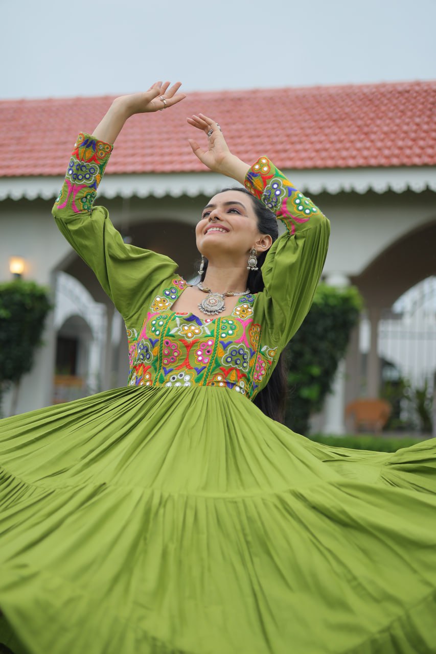 Garba Night Wear Green Color Kutchi Gamthi Embroidery Work Navratri Gown