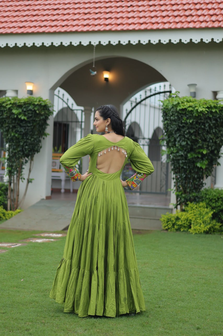 Garba Night Wear Green Color Kutchi Gamthi Embroidery Work Navratri Gown