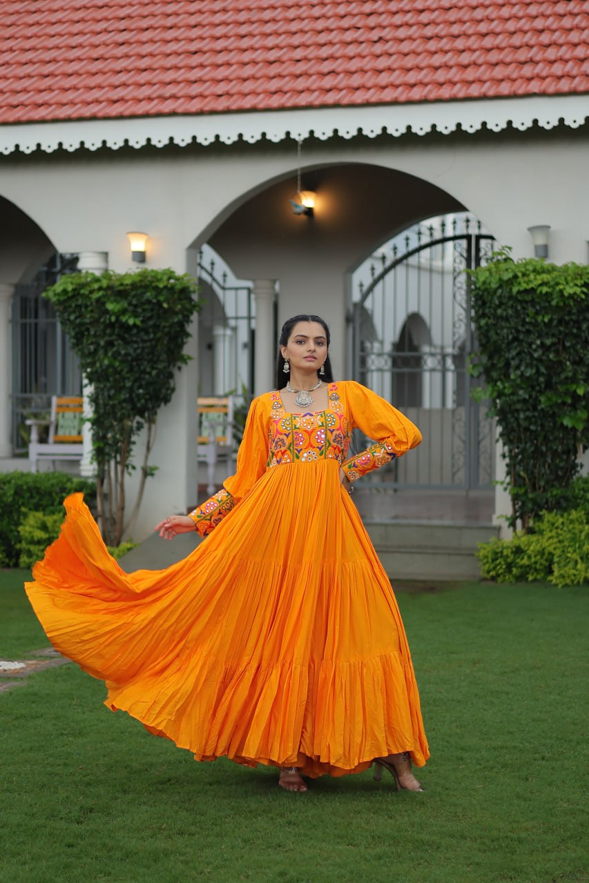 Garba Night Wear Yellow Color Kutchi Gamthi Embroidery Work Navratri Gown