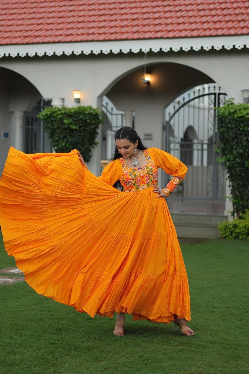 Garba Night Wear Yellow Color Kutchi Gamthi Embroidery Work Navratri Gown