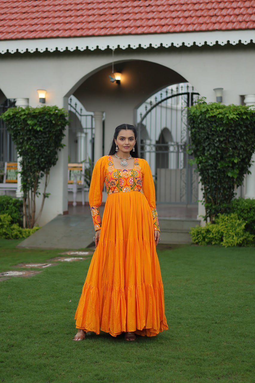 Garba Night Wear Yellow Color Kutchi Gamthi Embroidery Work Navratri Gown