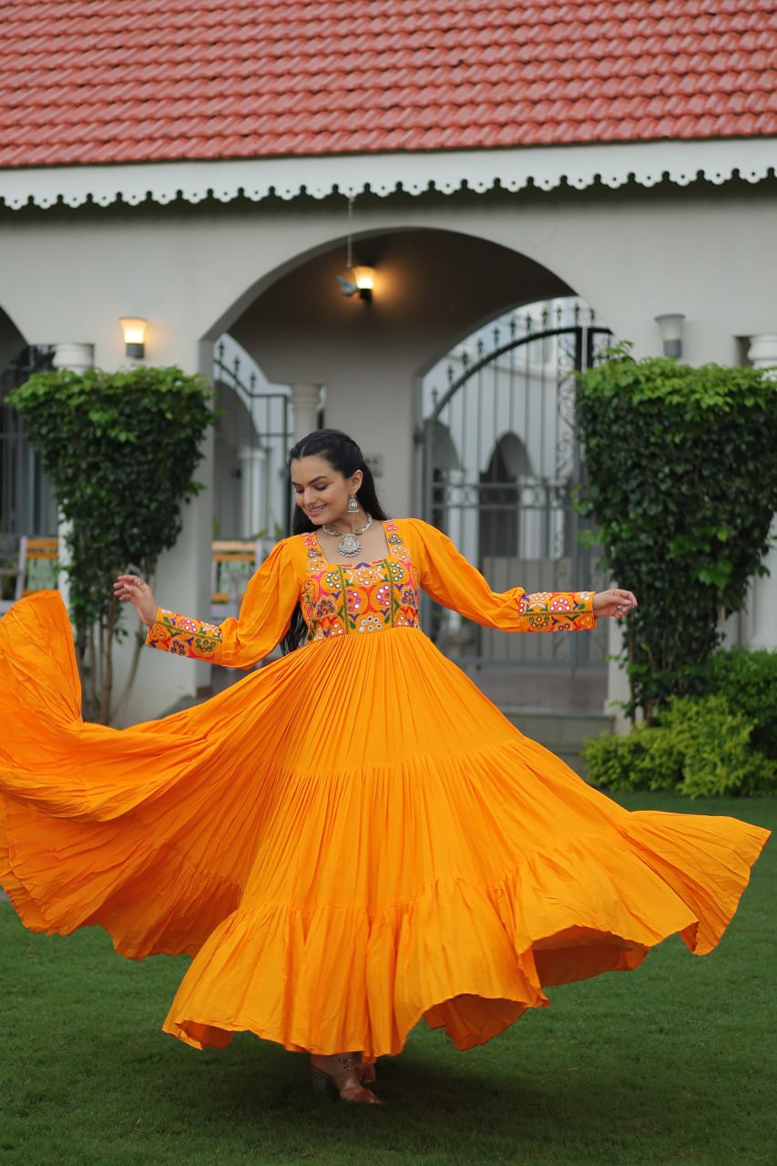 Garba Night Wear Yellow Color Kutchi Gamthi Embroidery Work Navratri Gown