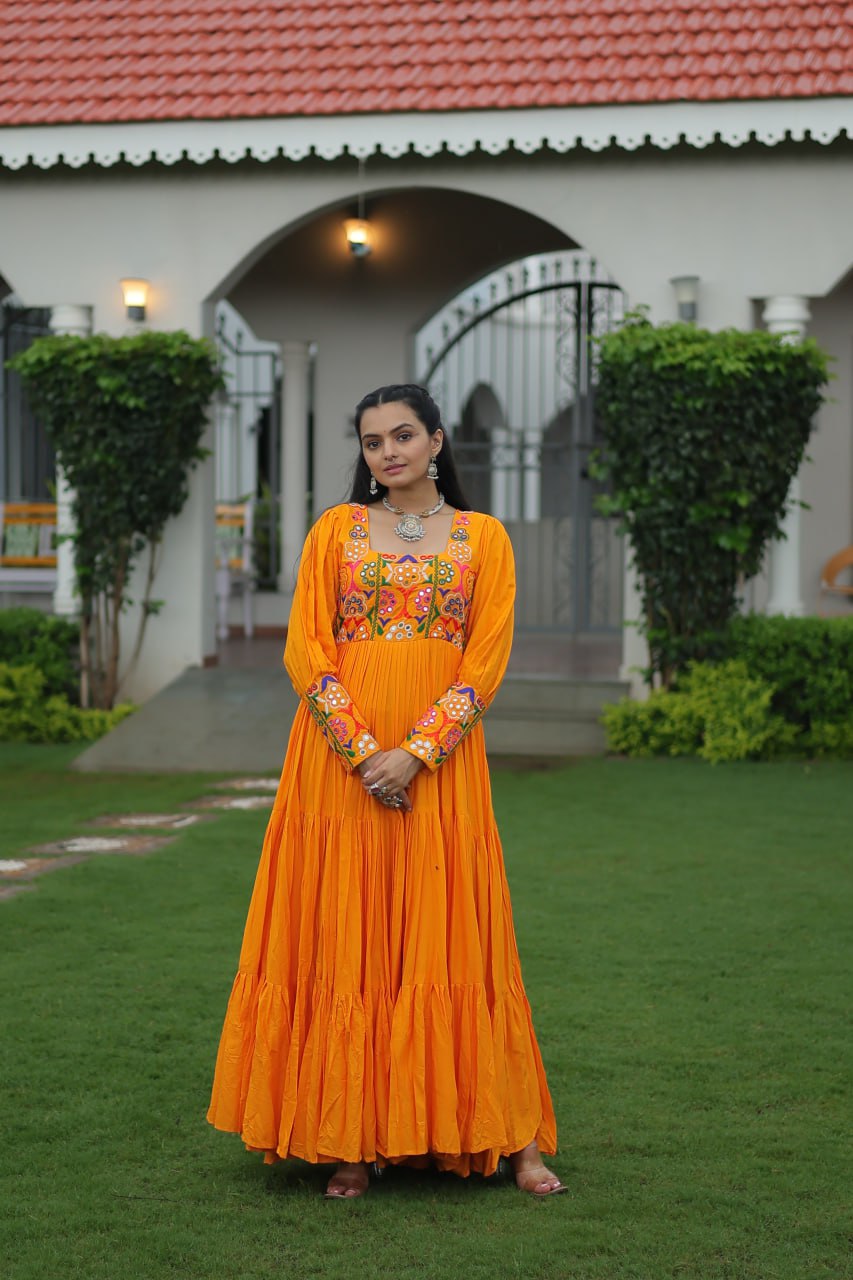 Garba Night Wear Yellow Color Kutchi Gamthi Embroidery Work Navratri Gown