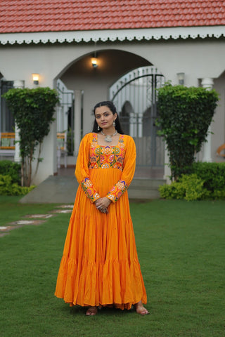 Garba Night Wear Yellow Color Kutchi Gamthi Embroidery Work Navratri Gown