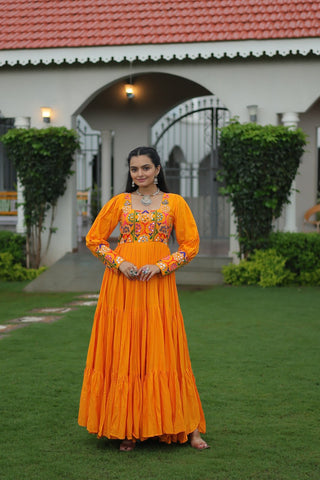 Garba Night Wear Yellow Color Kutchi Gamthi Embroidery Work Navratri Gown