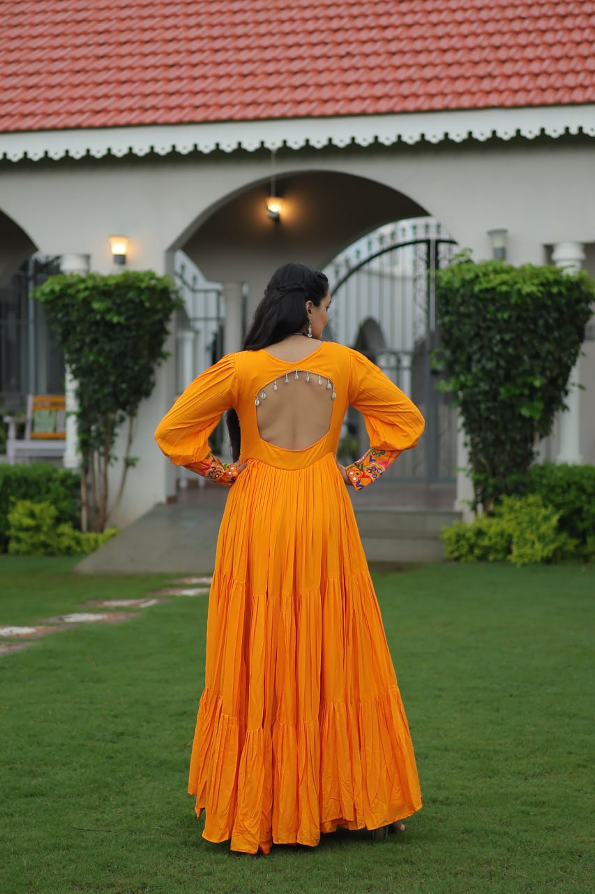 Garba Night Wear Yellow Color Kutchi Gamthi Embroidery Work Navratri Gown