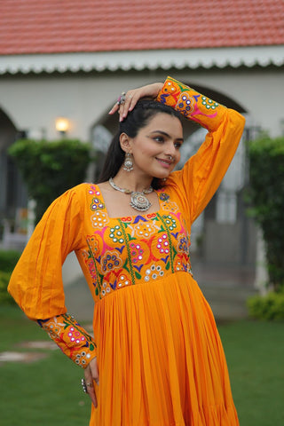 Garba Night Wear Yellow Color Kutchi Gamthi Embroidery Work Navratri Gown