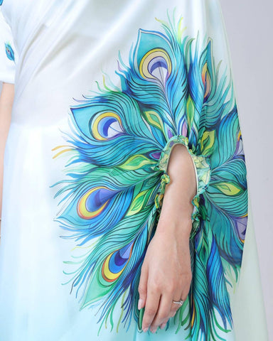 Blissful Sky Color Japan Satin With Digital Print Work Hands-Free Ready To Wear Saree