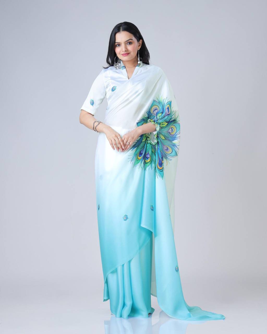 Blissful Sky Color Japan Satin With Digital Print Work Hands-Free Ready To Wear Saree