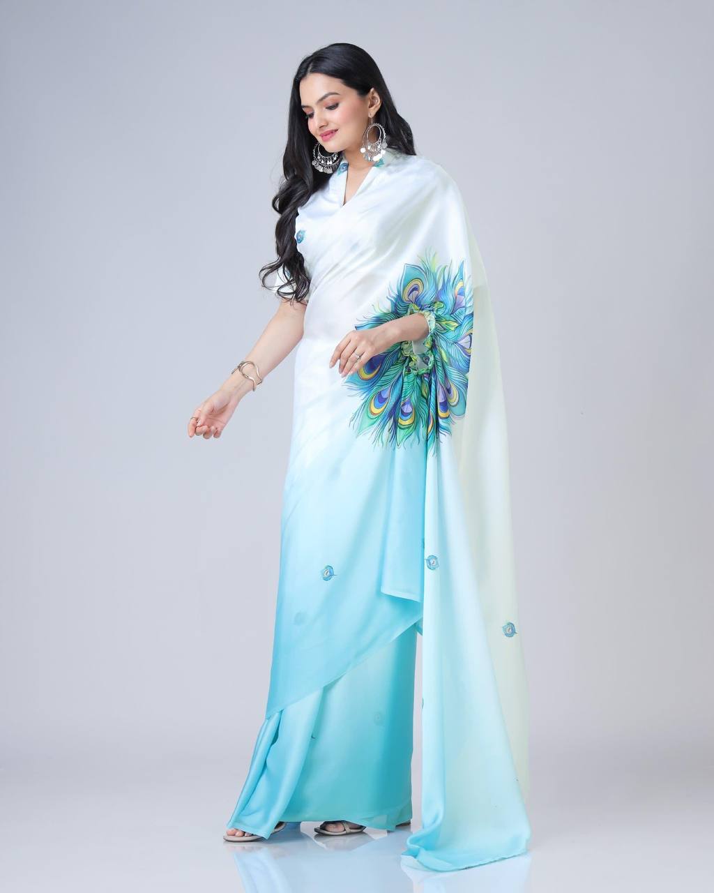 Blissful Sky Color Japan Satin With Digital Print Work Hands-Free Ready To Wear Saree