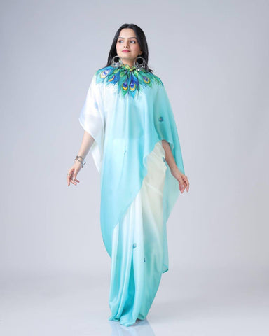 Blissful Sky Color Japan Satin With Digital Print Work Hands-Free Ready To Wear Saree