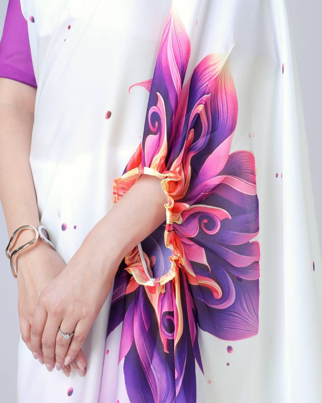 Blissful Purple Color Japan Satin With Digital Print Work Hands-Free Ready To Wear Saree