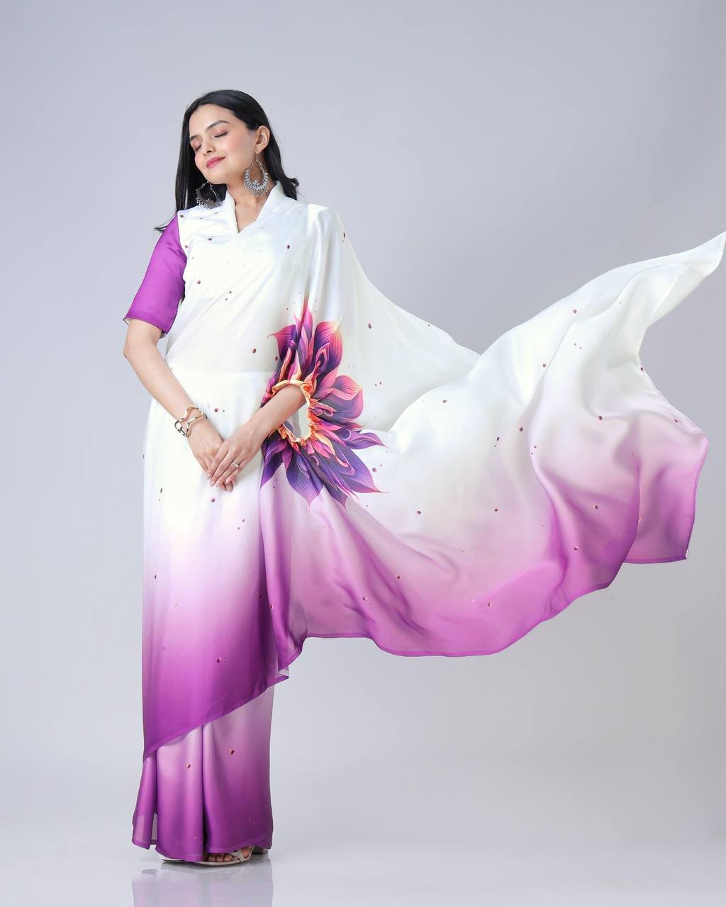 Blissful Purple Color Japan Satin With Digital Print Work Hands-Free Ready To Wear Saree