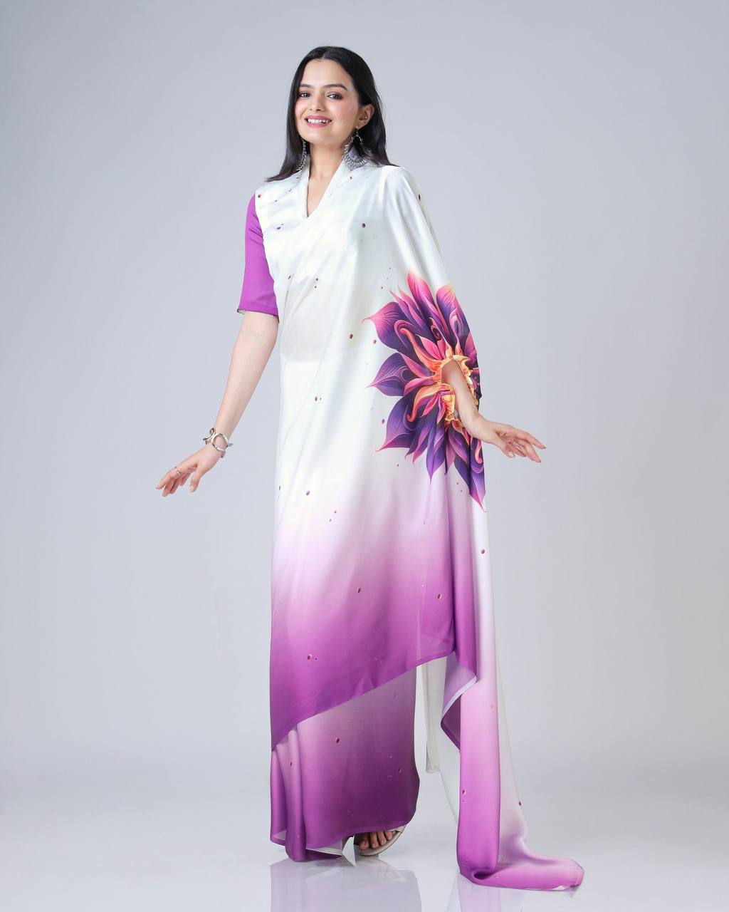 Blissful Purple Color Japan Satin With Digital Print Work Hands-Free Ready To Wear Saree