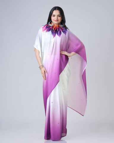 Blissful Purple Color Japan Satin With Digital Print Work Hands-Free Ready To Wear Saree