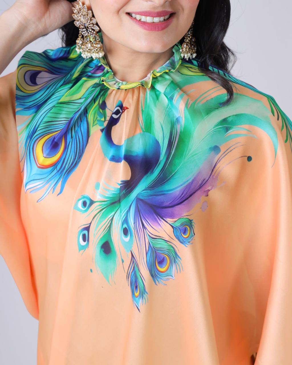 Blissful Peach Color Japan Satin With Digital Print Work Hands-Free Ready To Wear Saree