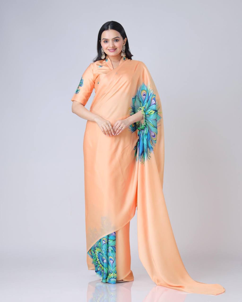 Blissful Peach Color Japan Satin With Digital Print Work Hands-Free Ready To Wear Saree