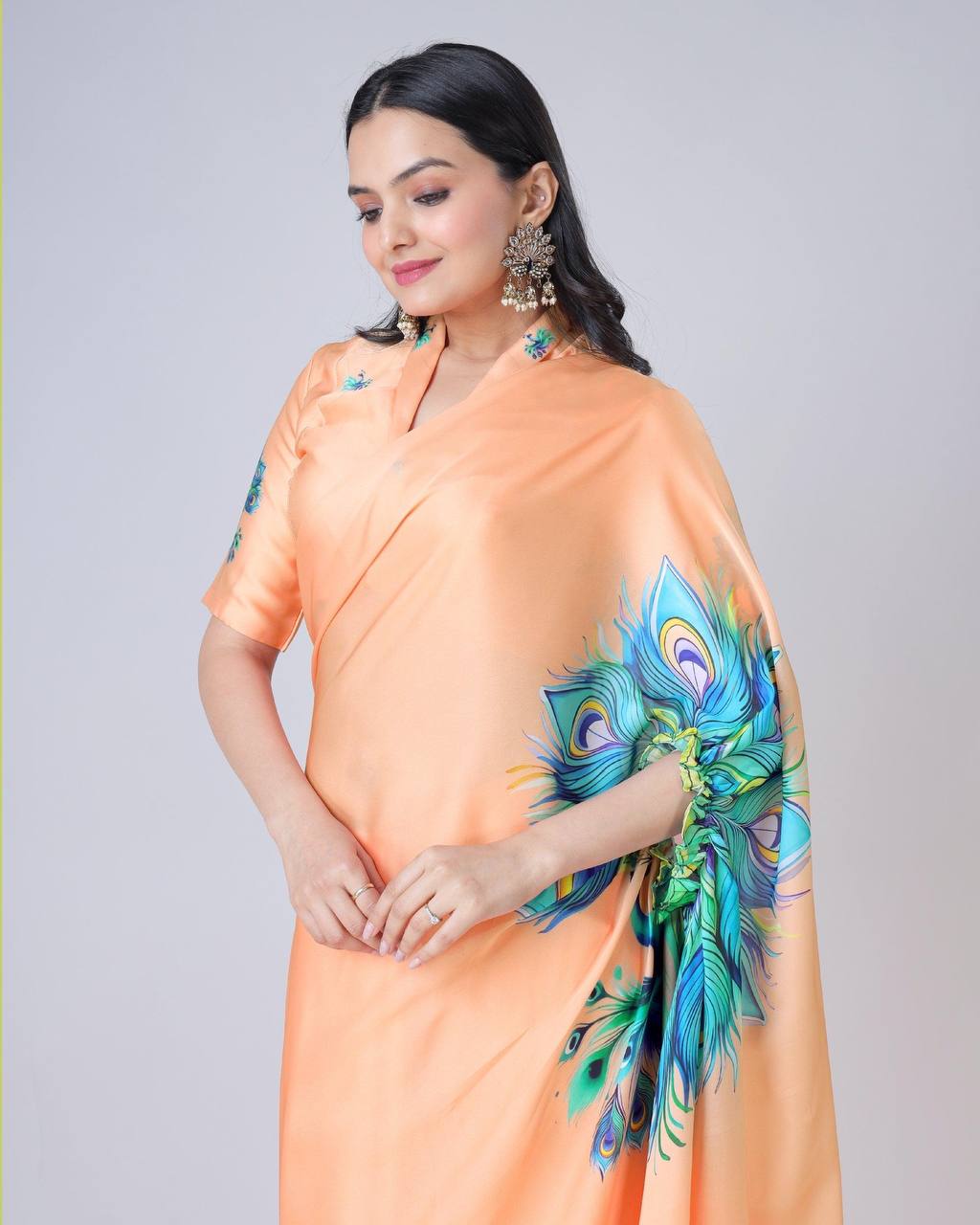 Blissful Peach Color Japan Satin With Digital Print Work Hands-Free Ready To Wear Saree