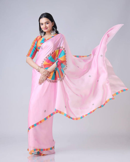 Blissful Baby Pink Color Japan Satin With Digital Print Work Hands-Free Ready To Wear Saree