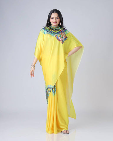 Blissful Yellow Color Japan Satin With Digital Print Work Hands-Free Ready To Wear Saree