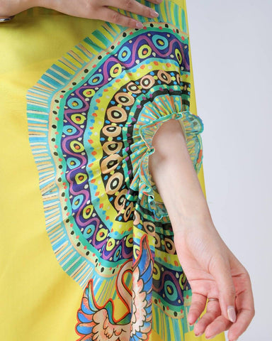 Blissful Yellow Color Japan Satin With Digital Print Work Hands-Free Ready To Wear Saree