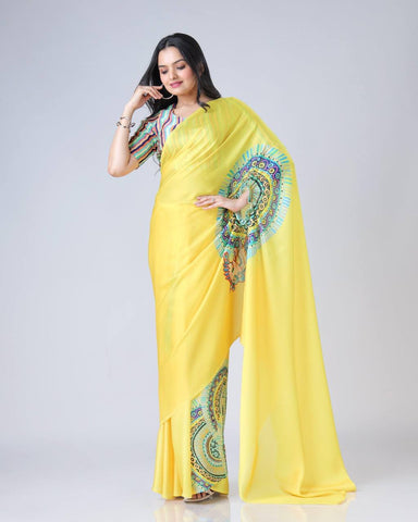Blissful Yellow Color Japan Satin With Digital Print Work Hands-Free Ready To Wear Saree