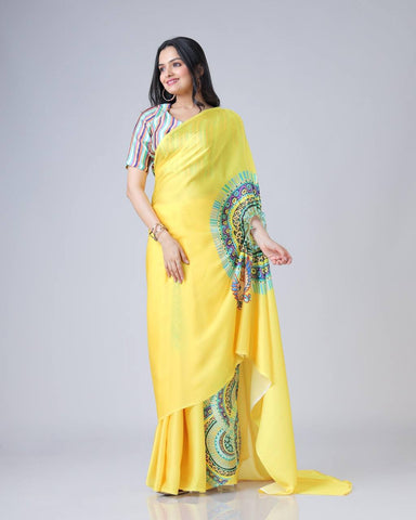 Blissful Yellow Color Japan Satin With Digital Print Work Hands-Free Ready To Wear Saree