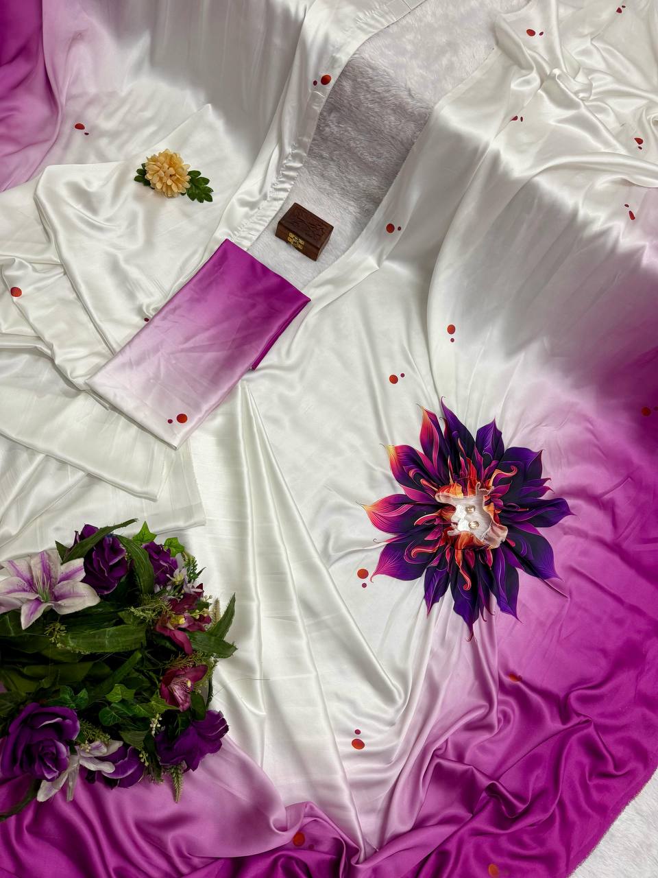 Blissful Purple Color Japan Satin With Digital Print Work Hands-Free Ready To Wear Saree