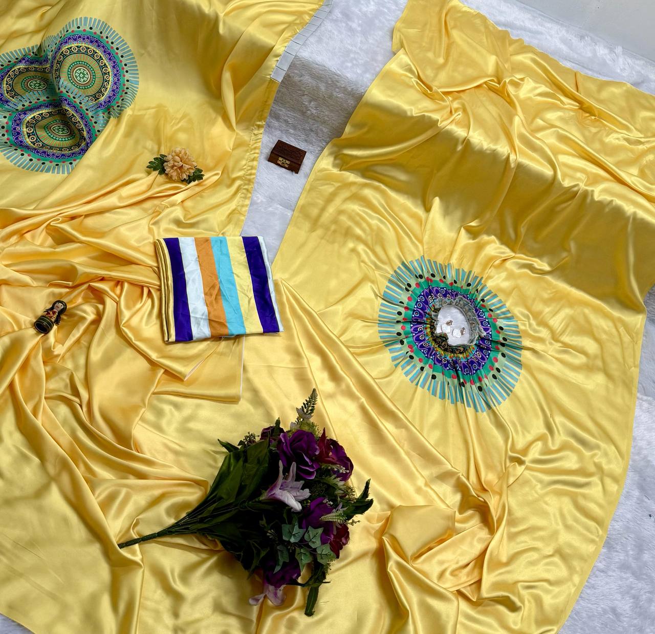 Blissful Yellow Color Japan Satin With Digital Print Work Hands-Free Ready To Wear Saree