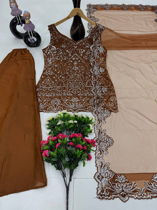 Ceremony Wear Designer Coffee Color Embroidery Sequences Work With Peral Hand Work 3 Piece Palazzo Suit