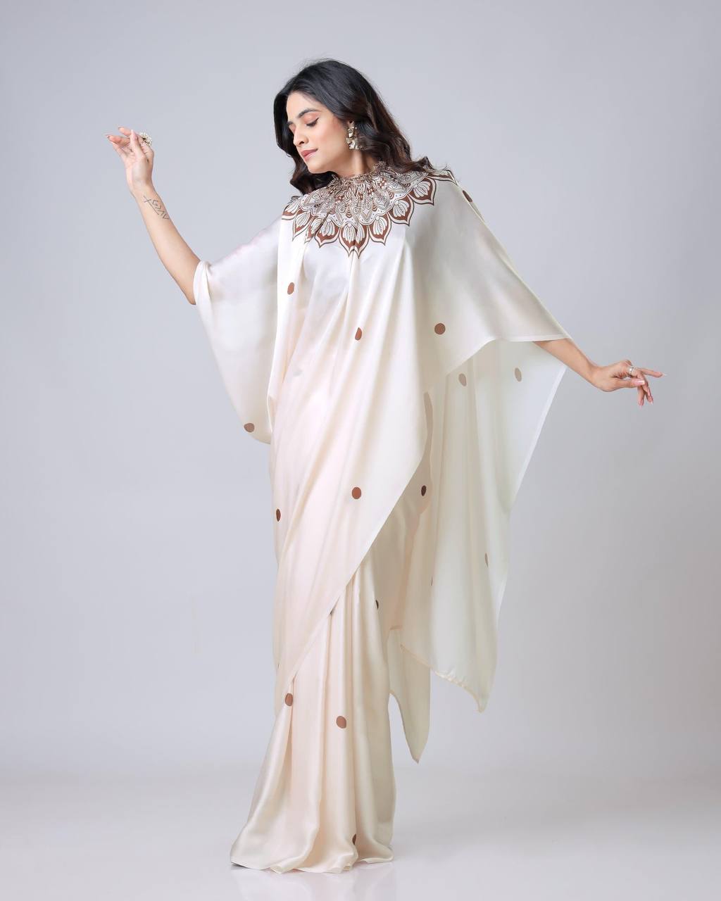 Reception Wear Off White Color Japan Satin Digital Printed Hands-Free Ready To Wear Saree