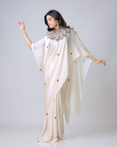 Reception Wear Off White Color Japan Satin Digital Printed Hands-Free Ready To Wear Saree